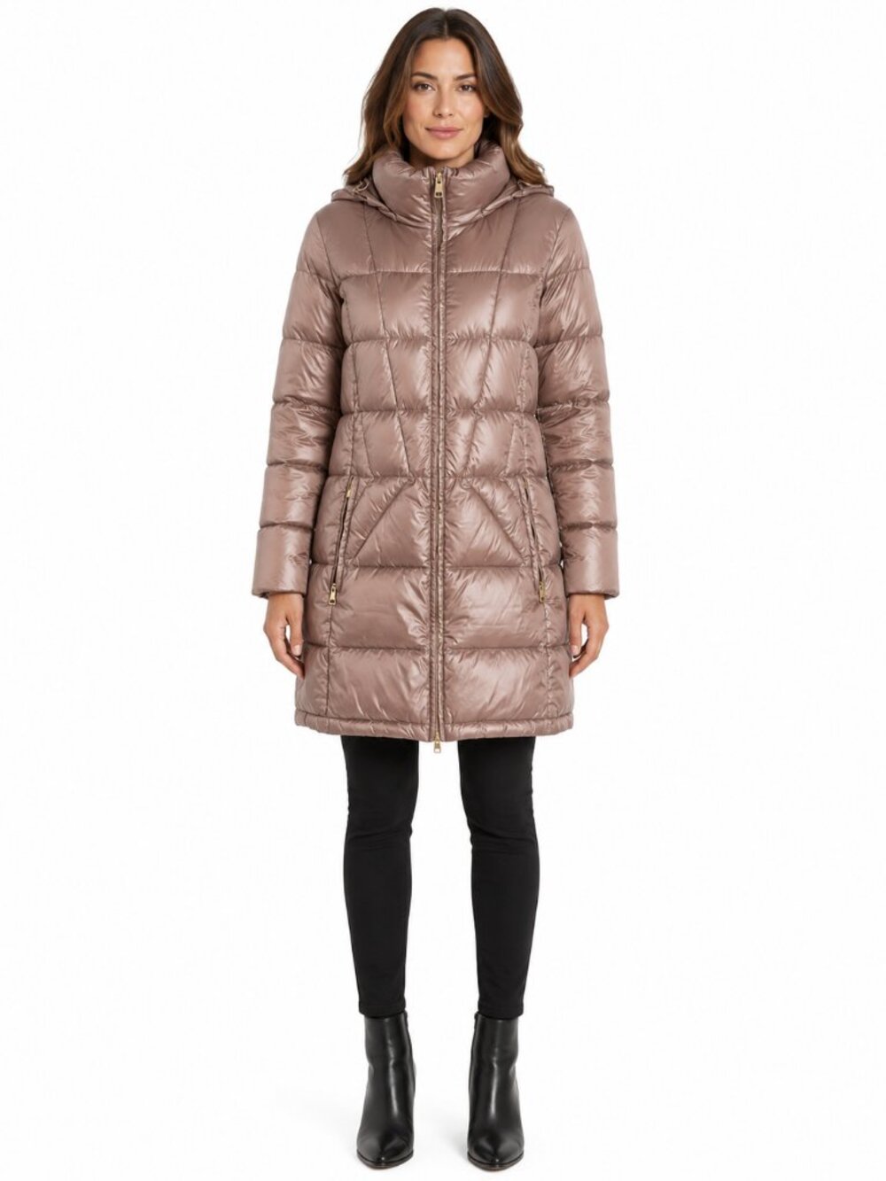 Andrew Marc Packable Lightweight Down Jacket Hooded Metallic Mauve Size Small